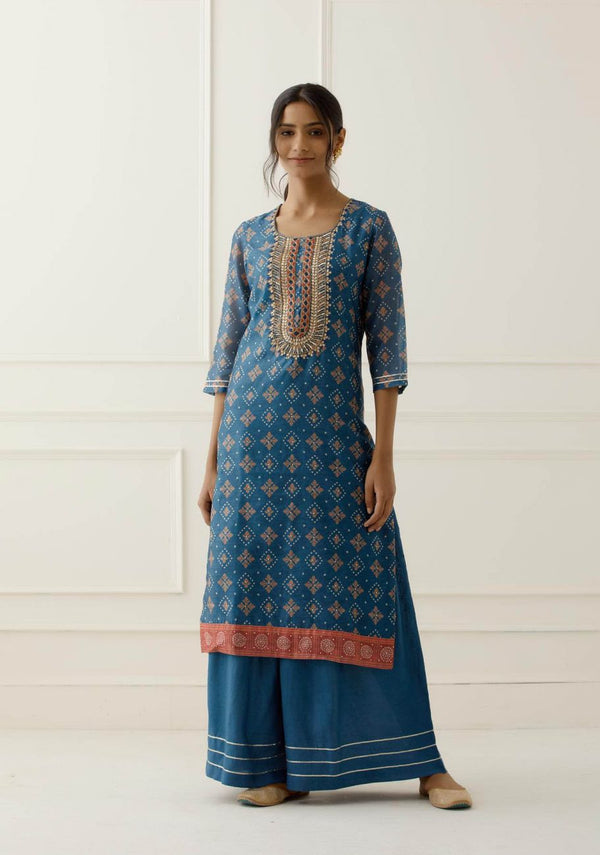 Blue Sequence and Gota Work Suit Set with contrast Bhandani Dupatta