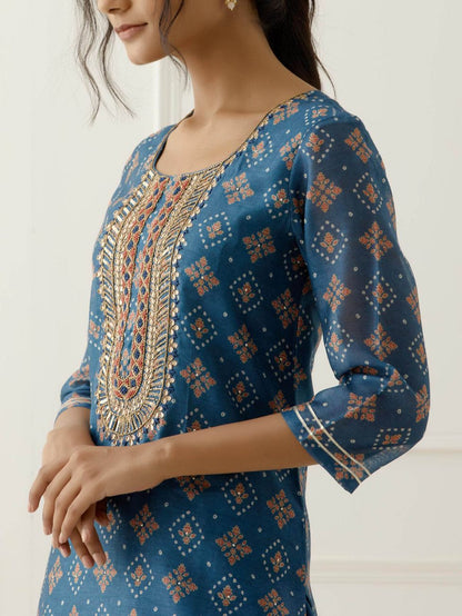 Blue Sequence and Gota Work Suit Set with contrast Bhandani Dupatta
