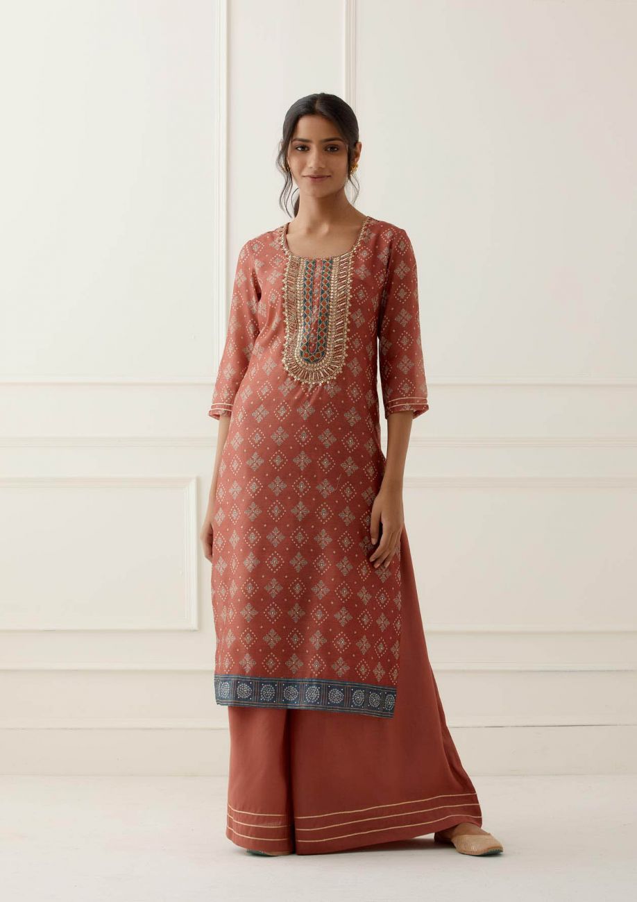 Rust Sequence and Gota Work Suit Set with contrast Bhandani Dupatta