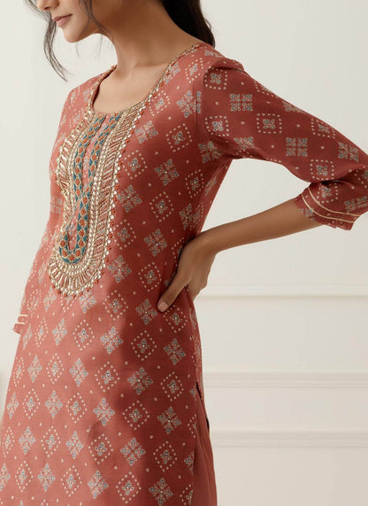 Rust Sequence and Gota Work Suit Set with contrast Bhandani Dupatta