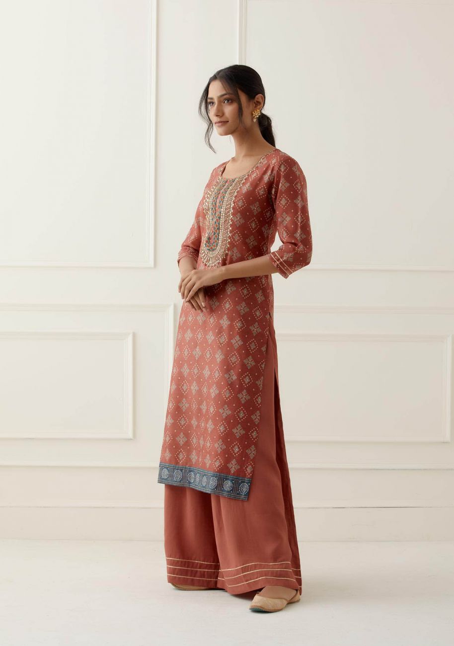 Rust Sequence and Gota Work Suit Set with contrast Bhandani Dupatta