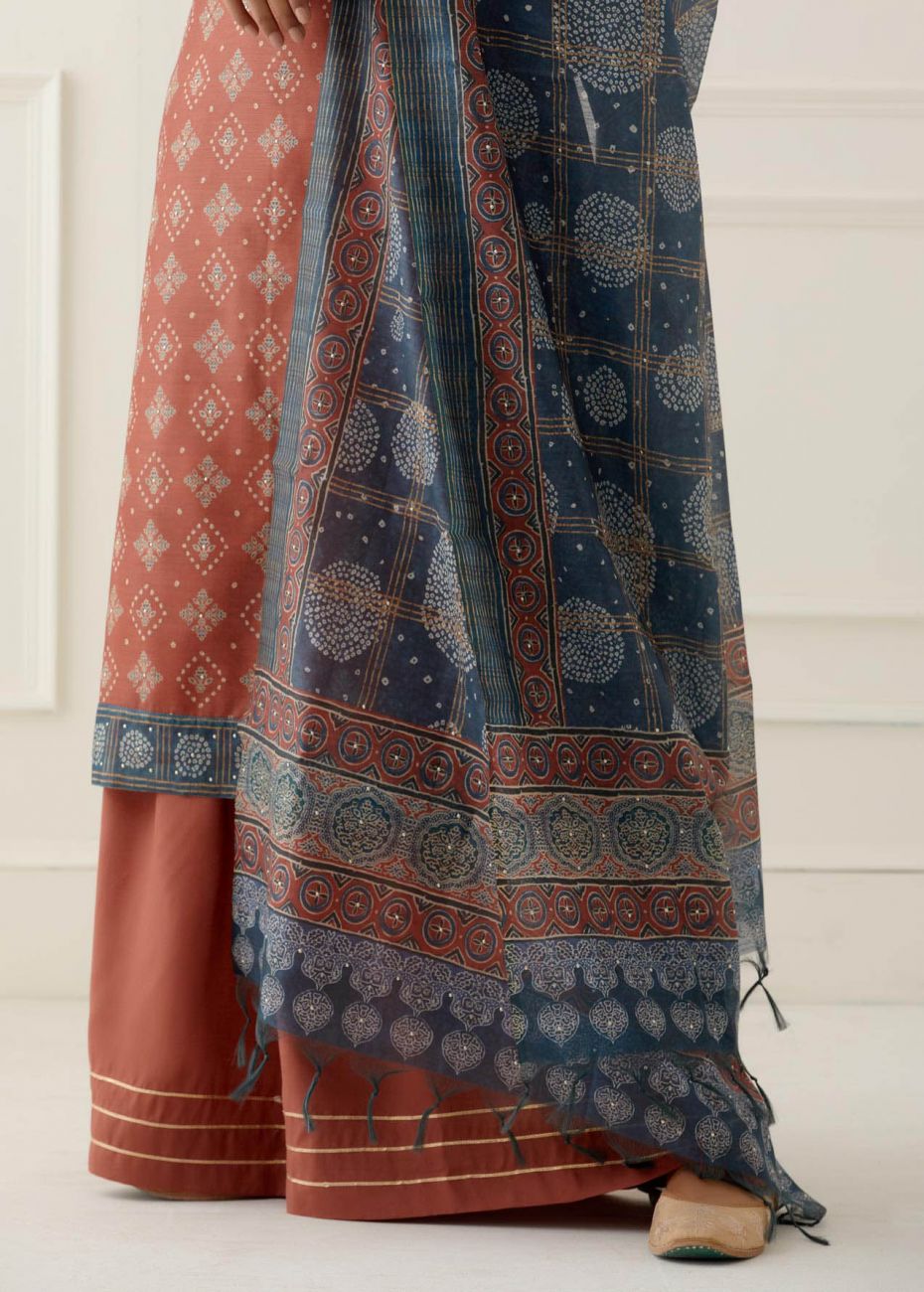 Rust Sequence and Gota Work Suit Set with contrast Bhandani Dupatta