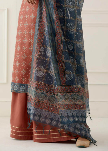Rust Sequence and Gota Work Suit Set with contrast Bhandani Dupatta