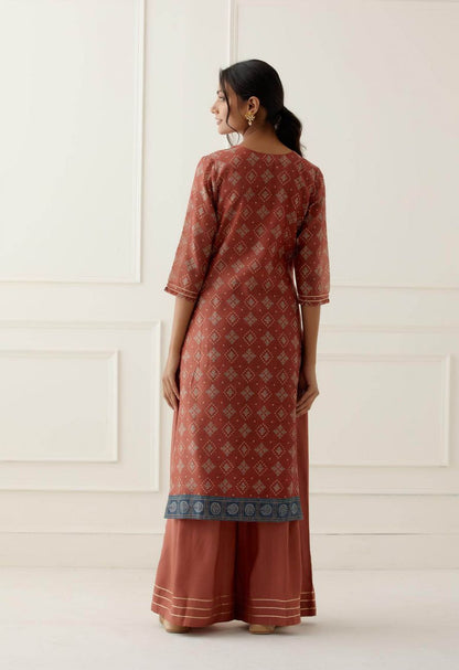 Rust Sequence and Gota Work Suit Set with contrast Bhandani Dupatta