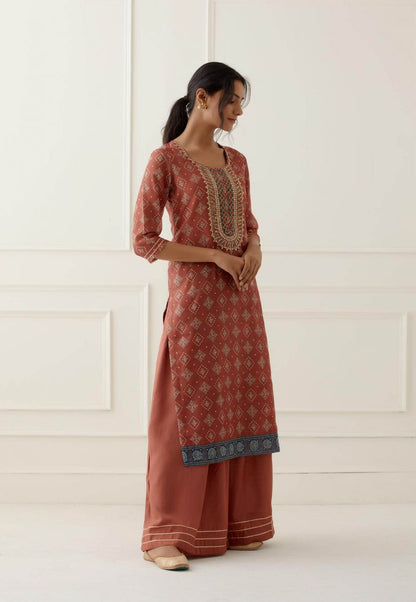 Rust Sequence and Gota Work Suit Set with contrast Bhandani Dupatta