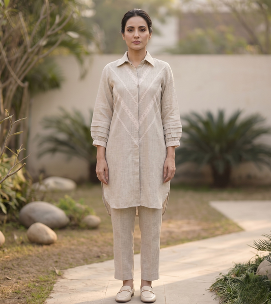 Beige Linen Crotchet Work Co-ord Set