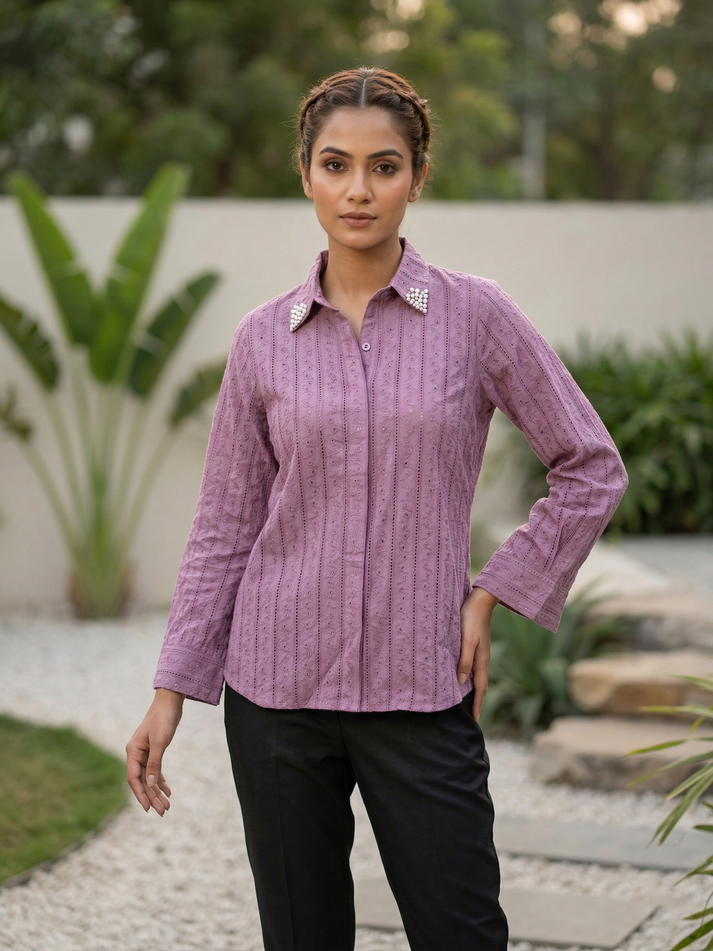 Wine Embroidered Cotton Shirt with Pearl Work