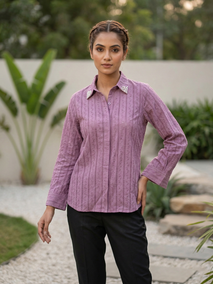 Wine Embroidered Cotton Shirt with Pearl Work