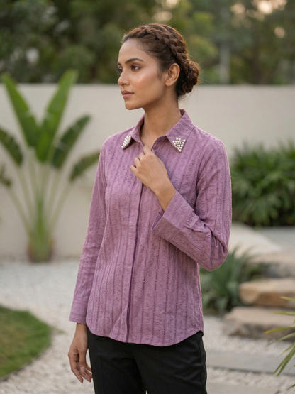 Wine Embroidered Cotton Shirt with Pearl Work