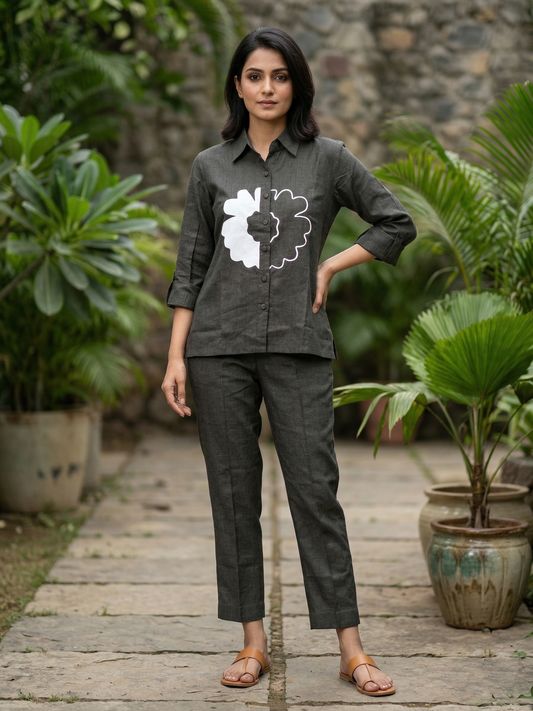 Grey Linen Flower Co-ord Set