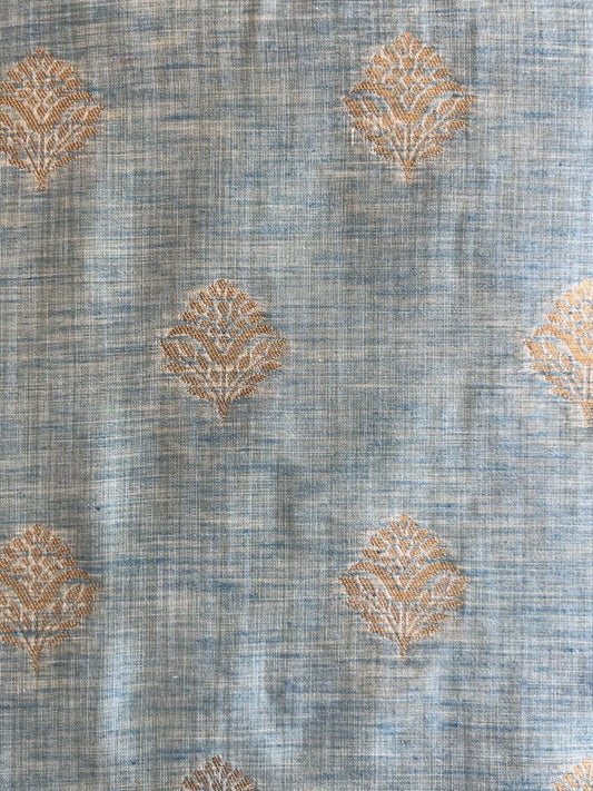 Blue Self Weaved Cotton Maheshwari Fabric with Golden Butis
