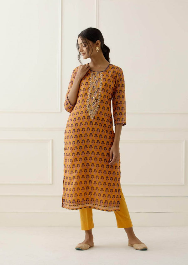 Yellow Jaipuri Print Chanderi Suit Set