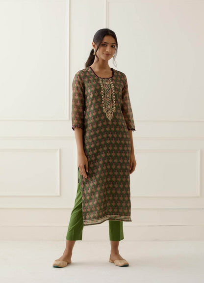 Green Jaipuri Print Chanderi Suit Set