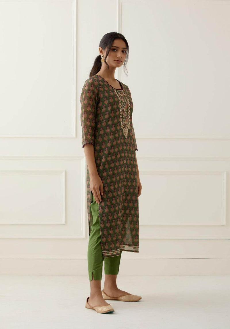 Green Jaipuri Print Chanderi Suit Set