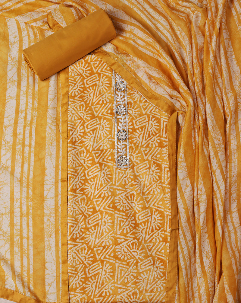 Mustard Glace Cotton Geometrical Print Suit