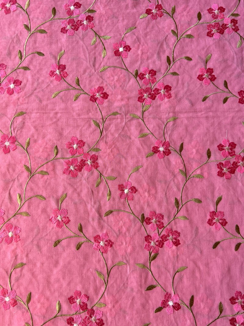 Pink Floral Embroidery Cotton Fabric