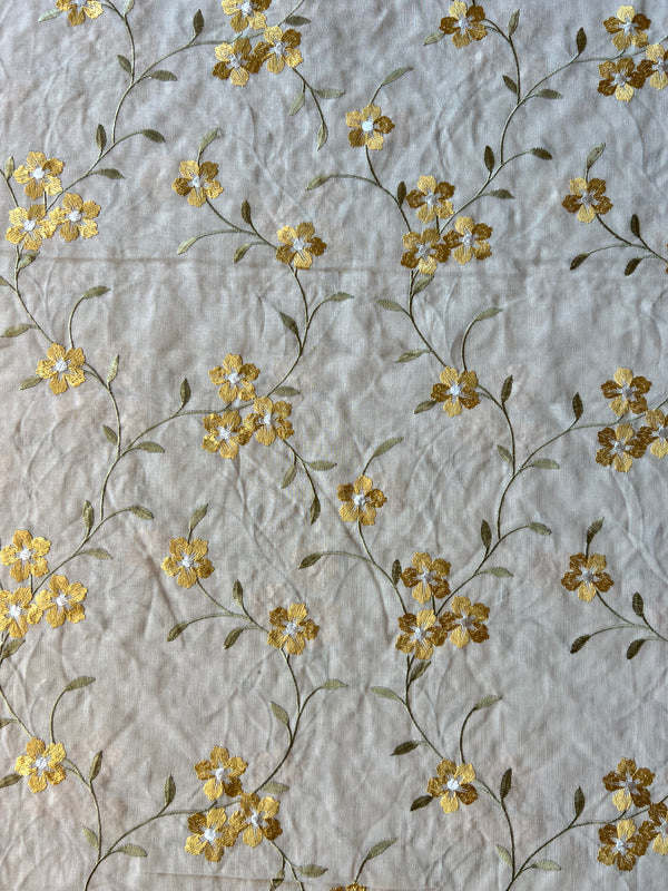 Beige Floral Embroidery Cotton Fabric