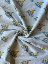 White Embroidery with Yellow Floral Print Cotton Fabric