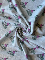 White Embroidery with Purple Floral Print Cotton Fabric