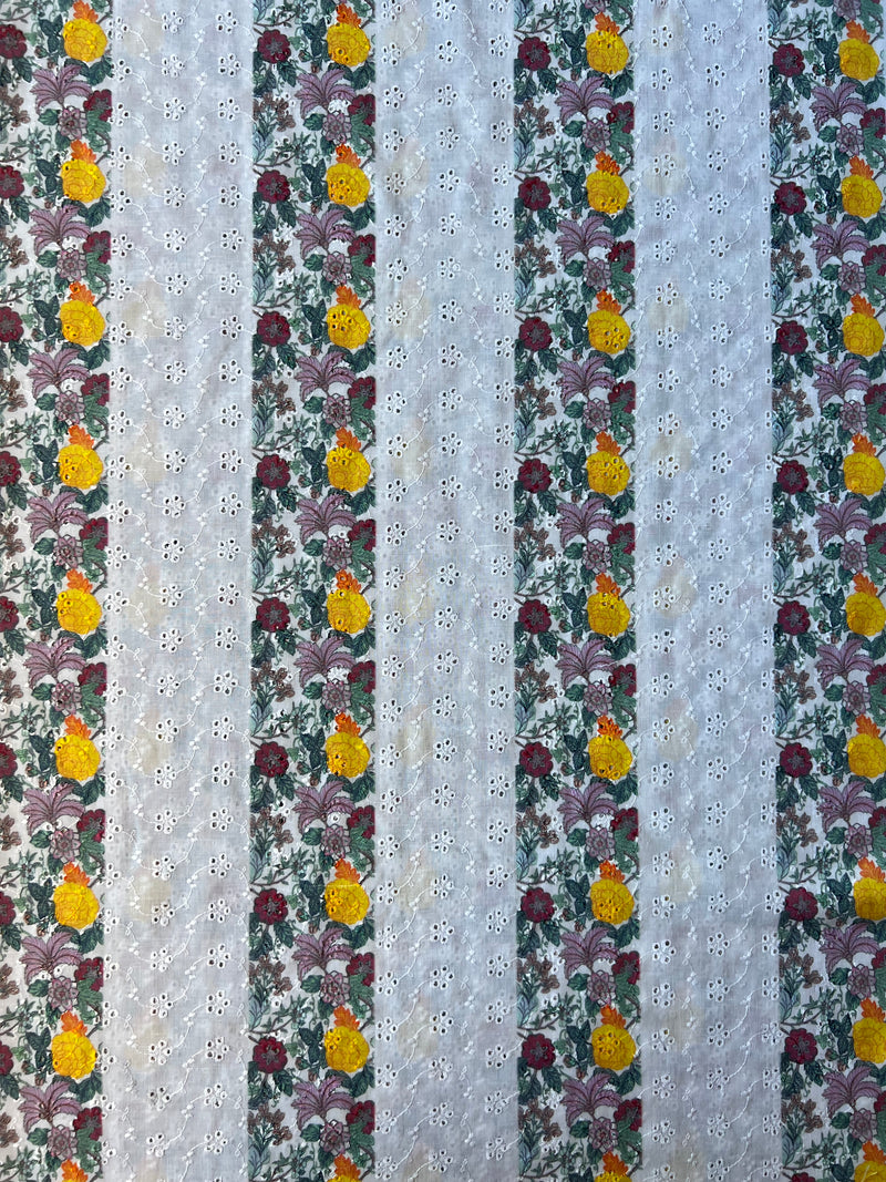 White Embroidery with Yellow Floral Print Jaal Cotton Fabric