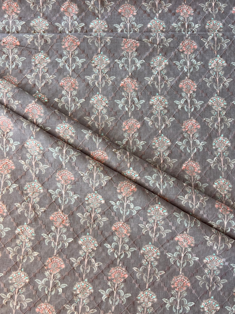 Brown Embroidery with Floral Print Cotton Fabric