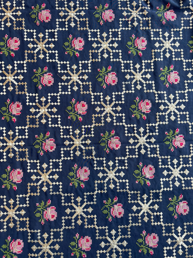 Navy Blue 2 by 2 Rubia Embroidered Fabric