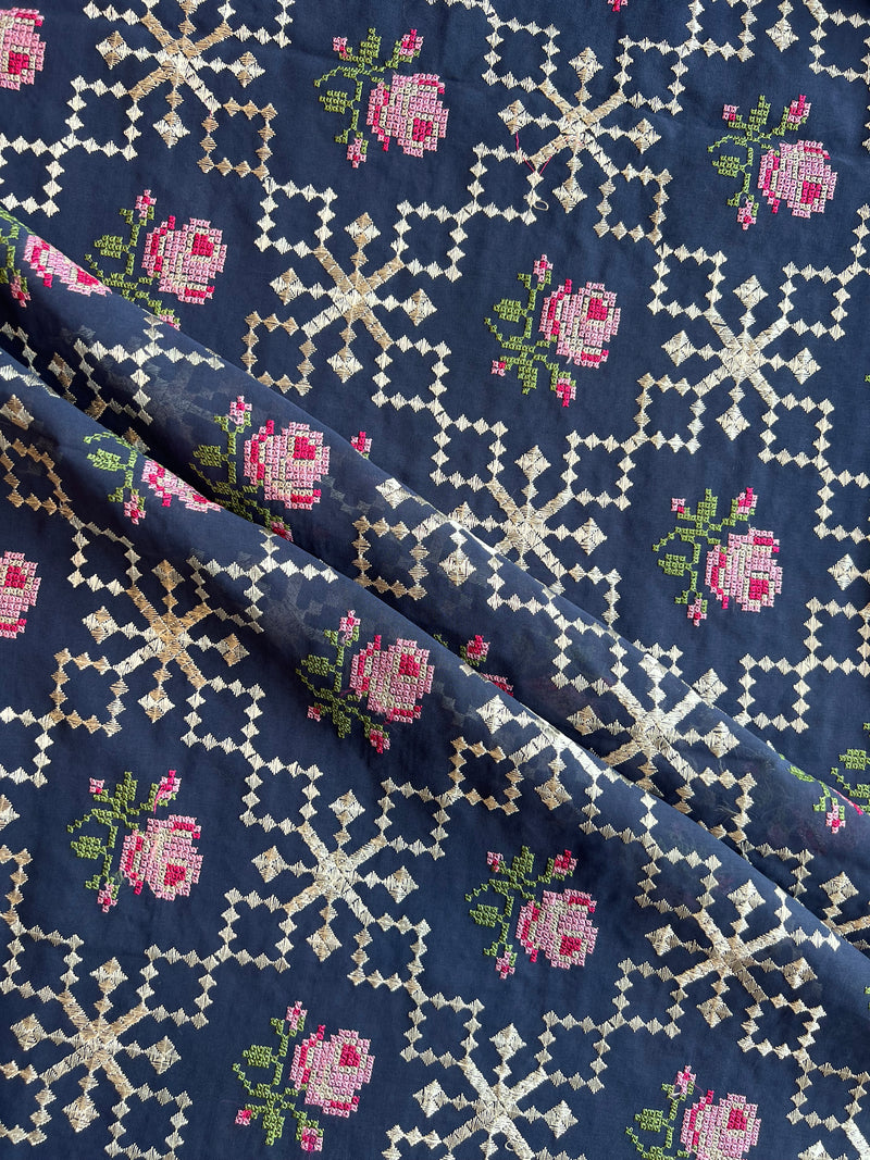 Navy Blue 2 by 2 Rubia Embroidered Fabric