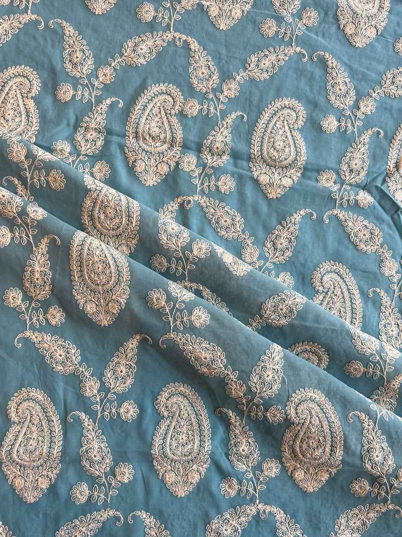 Sky Blue Paisley Embroidered 2 by 2 Rubia Fabric