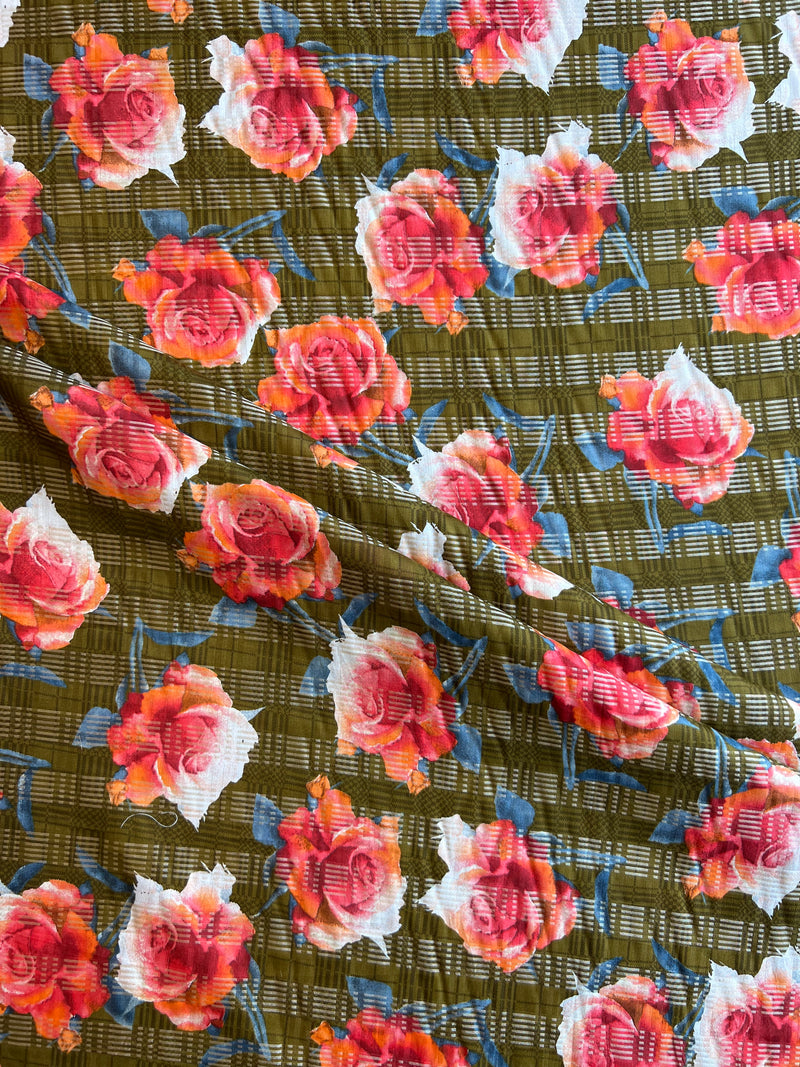 Self Weaved Cotton Fabric with Mehandi Green Print Fabric