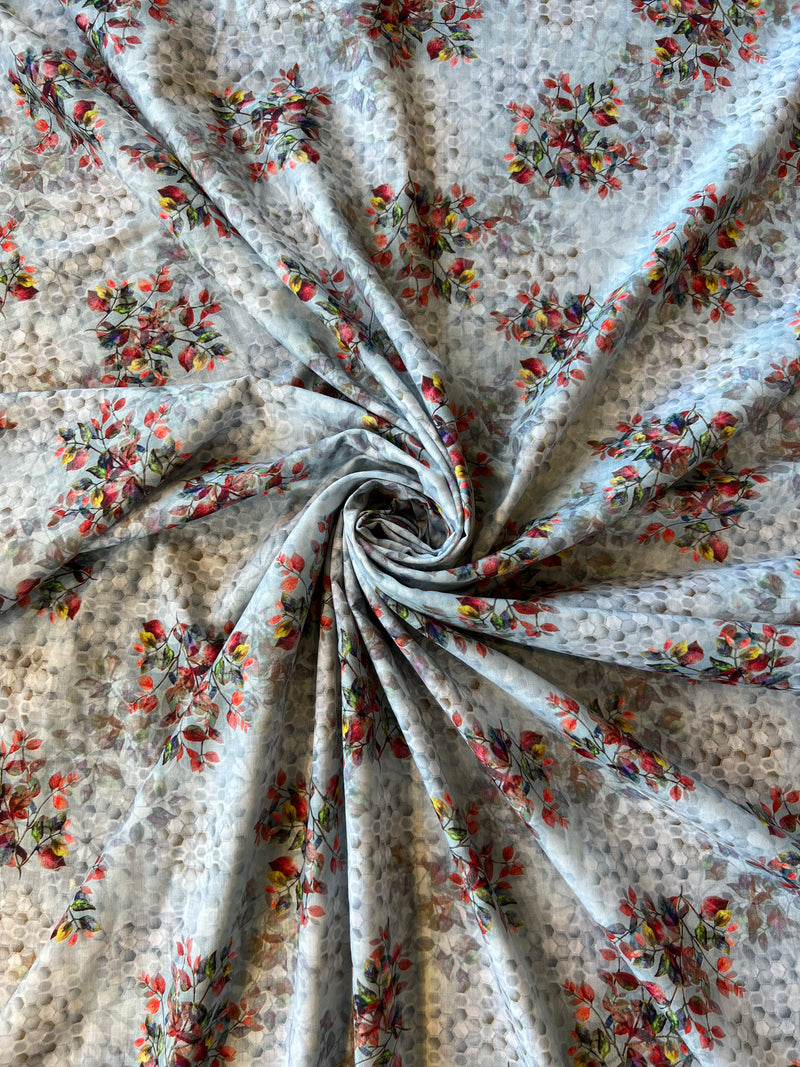 Grey Floral Print Cotton Fabric