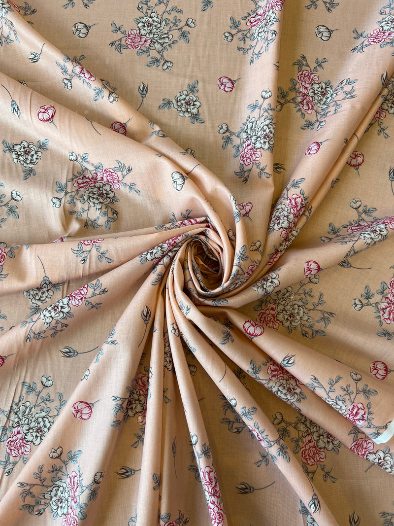 Peach Floral Print Cotton Fabric