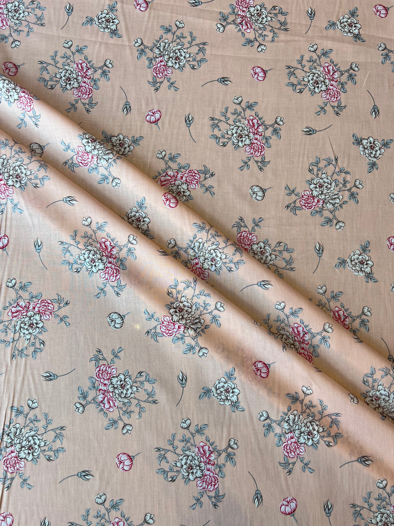 Peach Floral Print Cotton Fabric