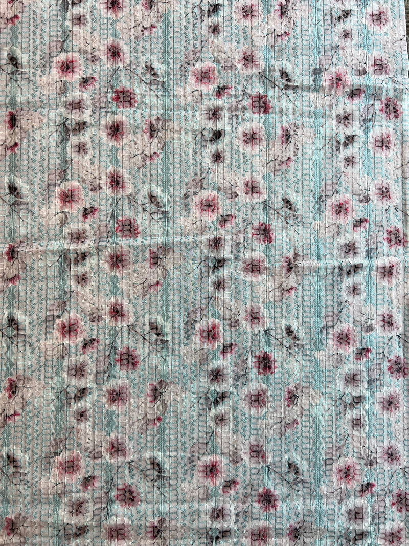 Blue Embroidered Fabric with Floral Print Fabric