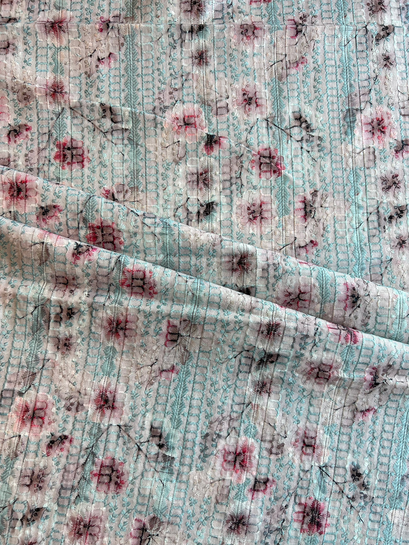 Blue Embroidered Fabric with Floral Print Fabric
