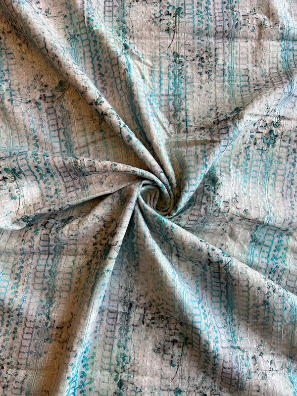 Blue Embroidered Fabric with Abstract Print Fabric