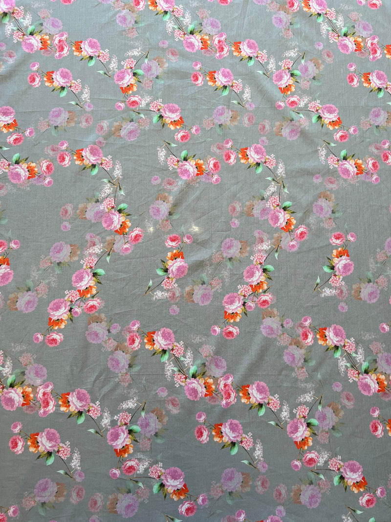 Grey Mercerized Cotton Floral Print Fabric