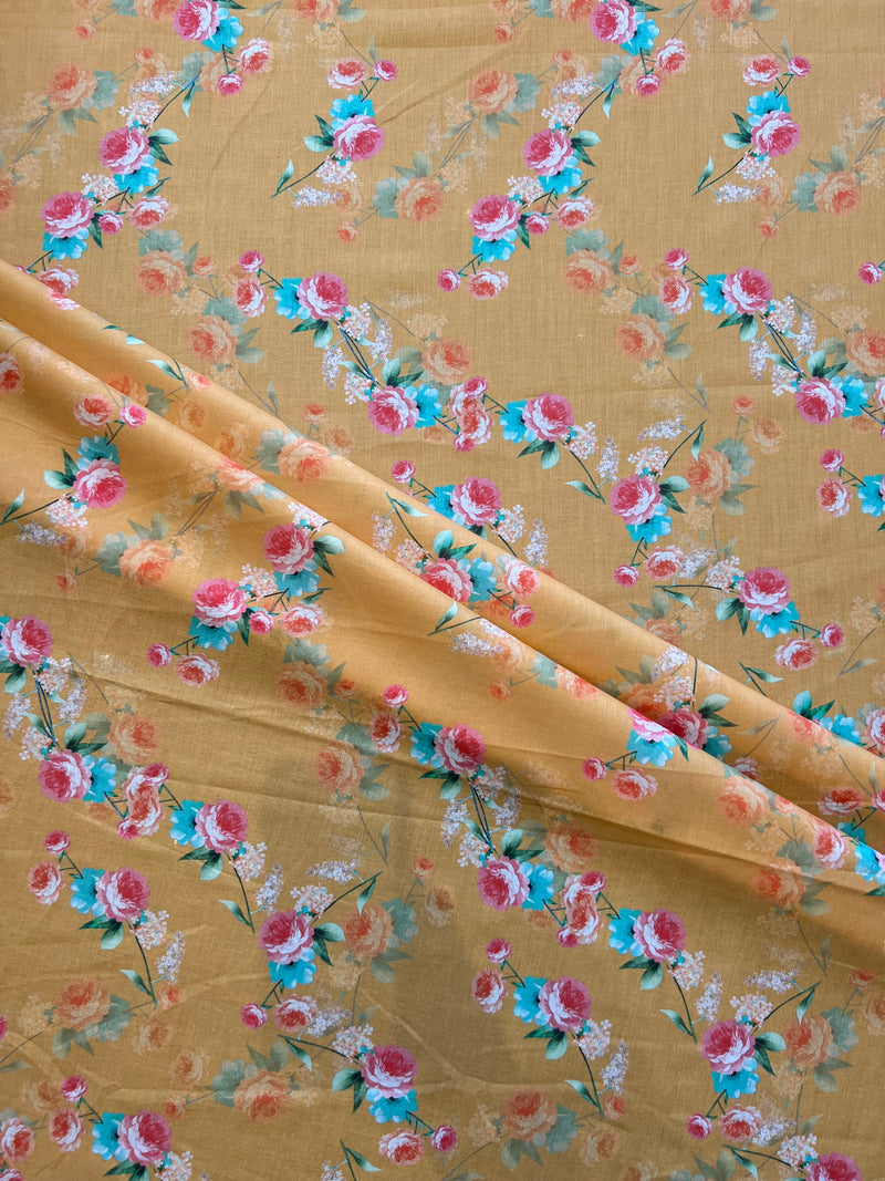 Peach Mercerized Cotton Floral Print Fabric