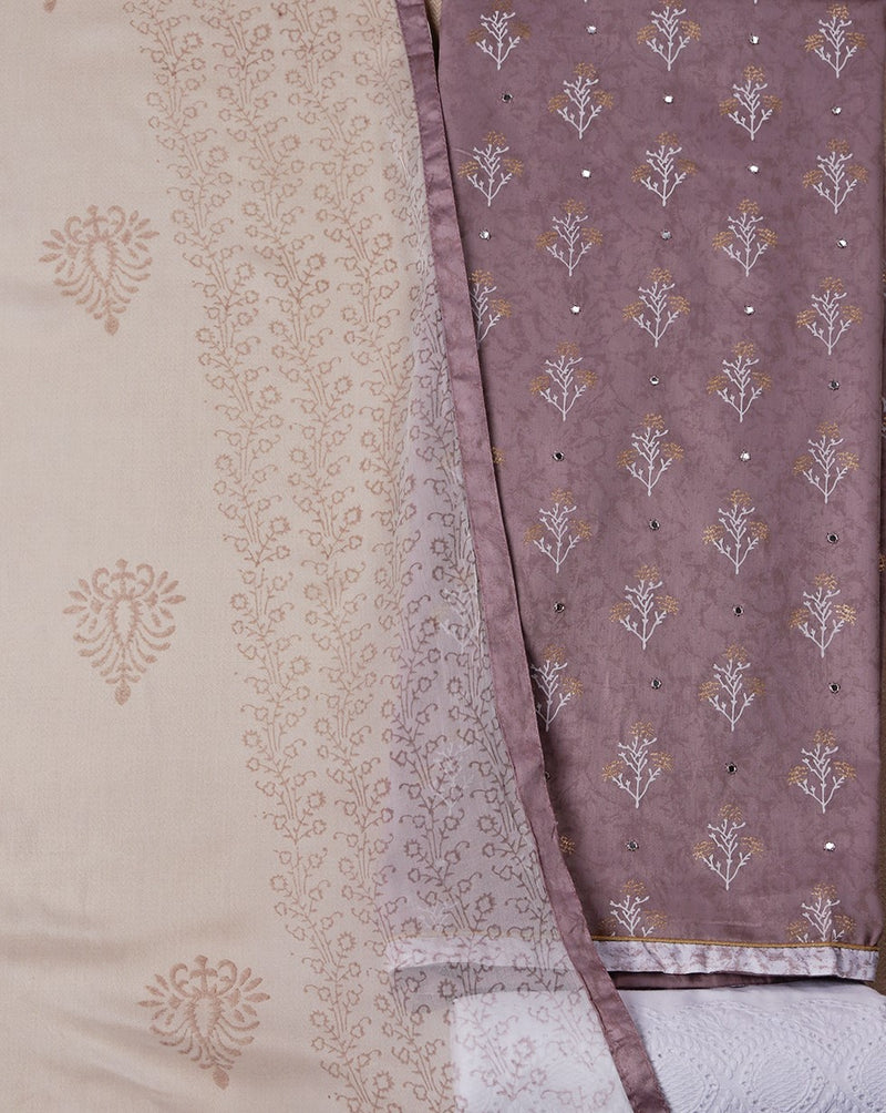 Lilac Cotton Suit with Embroidered Bottom and Chiffon Dupatta