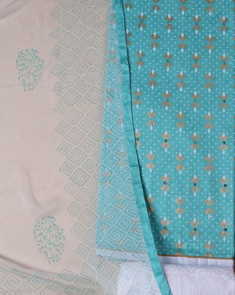 Turquoise Cotton Suit with Embroidered Bottom and Chiffon Dupatta