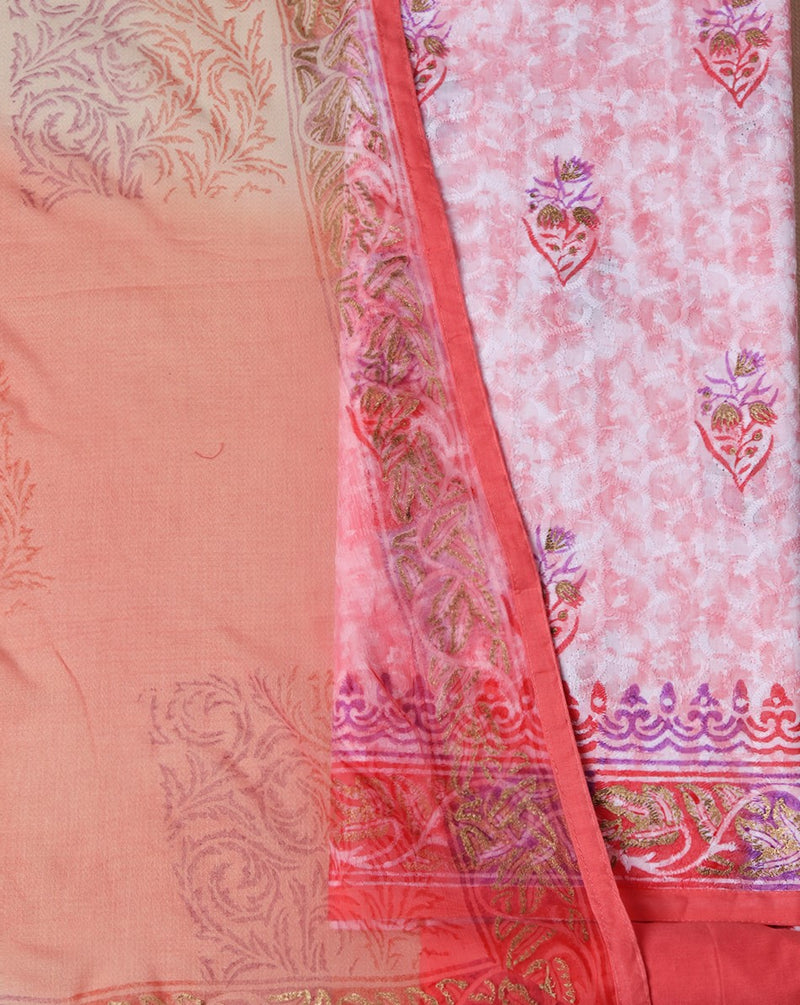 Coral Pink Cotton Embroidered Block Print Suit with Chiffon Dupatta