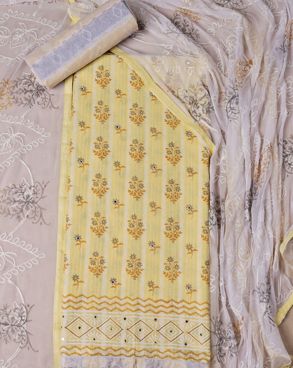 Yellow Self Weaved Cotton Suit with Embroidered Chiffon Dupatta