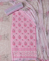Pink Self Weaved Cotton Suit with Embroidered Chiffon Dupatta