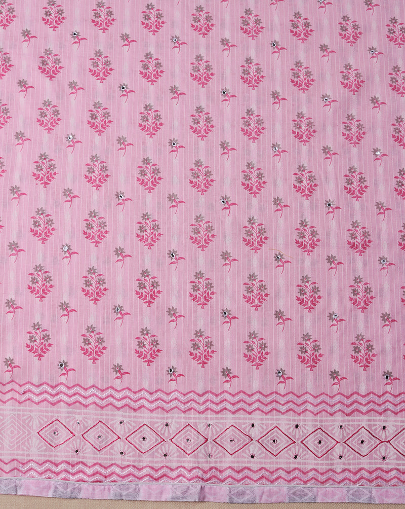 Pink Self Weaved Cotton Suit with Embroidered Chiffon Dupatta