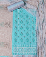 Turquoise Self Weaved Cotton Suit with Embroidered Chiffon Dupatta
