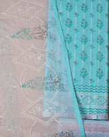 Turquoise Self Weaved Cotton Suit with Embroidered Chiffon Dupatta