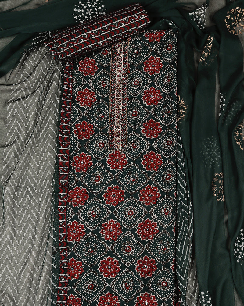 Green Bagru Print Suit Set with Chiffon Dupatta