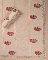 Off White Cotton Block Printed Mirror Work Suit with Embroidered Dupatta