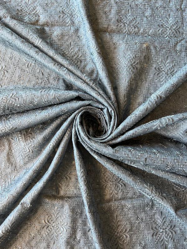Grey Tusser Silk Embroidred Fabric