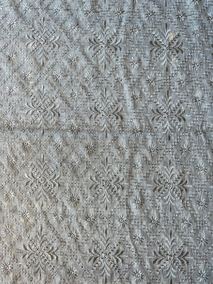 Grey Tusser Silk Embroidred Fabric