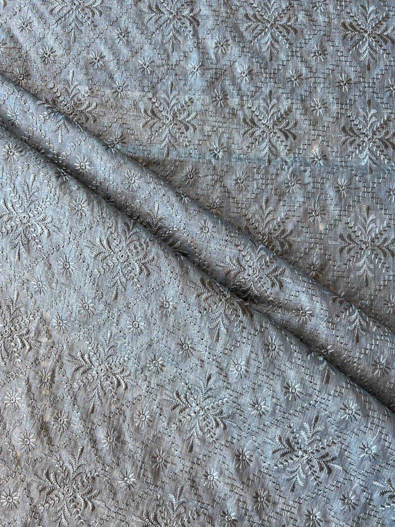 Grey Tusser Silk Embroidred Fabric